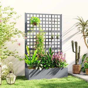 Galvanized Raised Garden Bed with Trellis, 43"x16"x70" Metal Planter Box with Drainage Holes, Outdoor Privacy Screen for Climbing Plant Vegetable Vine, Grey Wood Effect