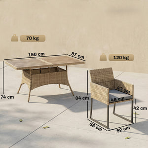7 Piece Rattan Garden Furniture Set, Garden Dining Set with Wood-Plastic Table and 6 Stackable Chairs, Rattan Table and Chairs with 6 Cushions for Patio Terrace, Dark Grey