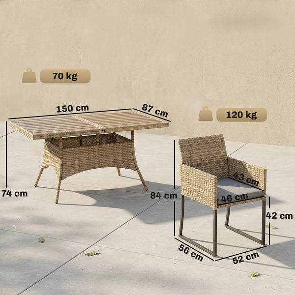 7 Piece Rattan Garden Furniture Set, Garden Dining Set with Wood-Plastic Table and 6 Stackable Chairs, Rattan Table and Chairs with 6 Cushions for Patio Terrace, Dark Grey