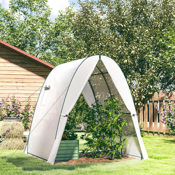 Hoop House Greenhouse with Sandbags and Hemmed PE Cover, 1.8 x 1.8 x 2m Walk-In Tunnel Green House with 2 Doors and Screen Windows, Portable Greenhouse Gardening Plant Hot House, White