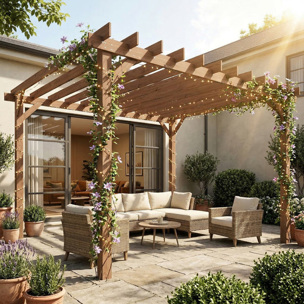 3 x 3 m Wooden Pergola Kit, Garden Pergola Gazebo Grape Trellis with Triangle Supports, Crossing Beams for Climbing Vines, Flowers, Sun Shade Shelter for Grill, Patio, Maple Wood-effect