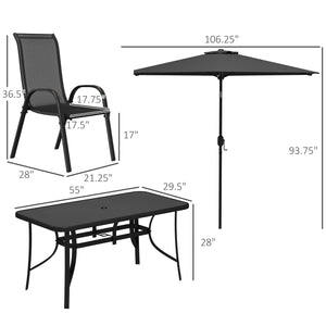8 Pieces Patio Table and Chairs Set with 9 Ft Patio Umbrella, Outdoor Dining Set with 4.6 Ft Dining Table and 6 Chairs, Push Button Tilt and Crank Parasol, Tempered Glass Top, Black