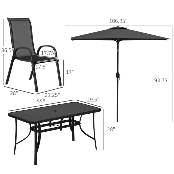 8 Pieces Patio Table and Chairs Set with 9 Ft Patio Umbrella, Outdoor Dining Set with 4.6 Ft Dining Table and 6 Chairs, Push Button Tilt and Crank Parasol, Tempered Glass Top, Black
