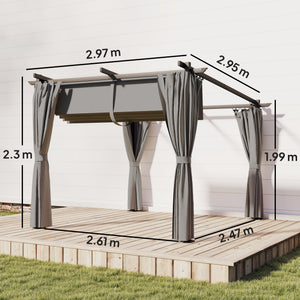 3 x 3(m) Metal Pergola with Retractable Roof and Sidewalls, Garden Gazebo UPF30+ Sun Shade Shelter for Outdoor, Patio, Deck, Light Grey