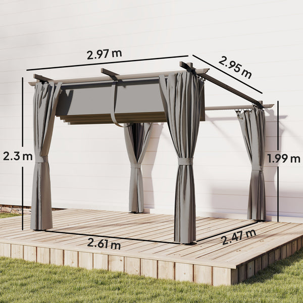 3 x 3(m) Metal Pergola with Retractable Roof and Sidewalls, Garden Gazebo UPF30+ Sun Shade Shelter for Outdoor, Patio, Deck, Light Grey