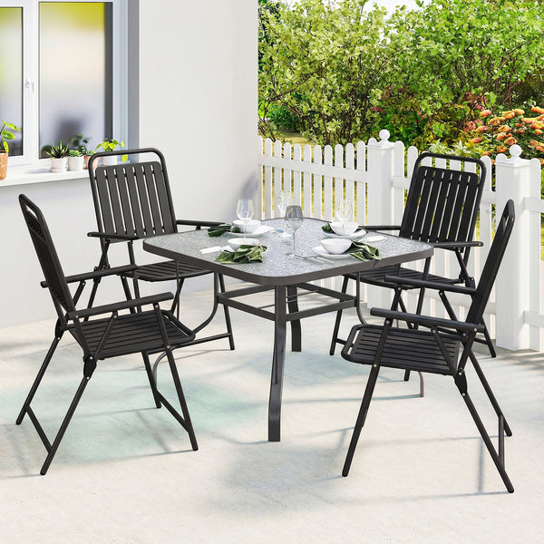 Folding Garden Chairs Set of 4, Garden Dining Chairs with Plastic Slatted Seat and Back, Portable Folding Chair Set with Armrests and Steel Frame for Outdoor, Patio, Balcony, Terrace, Black