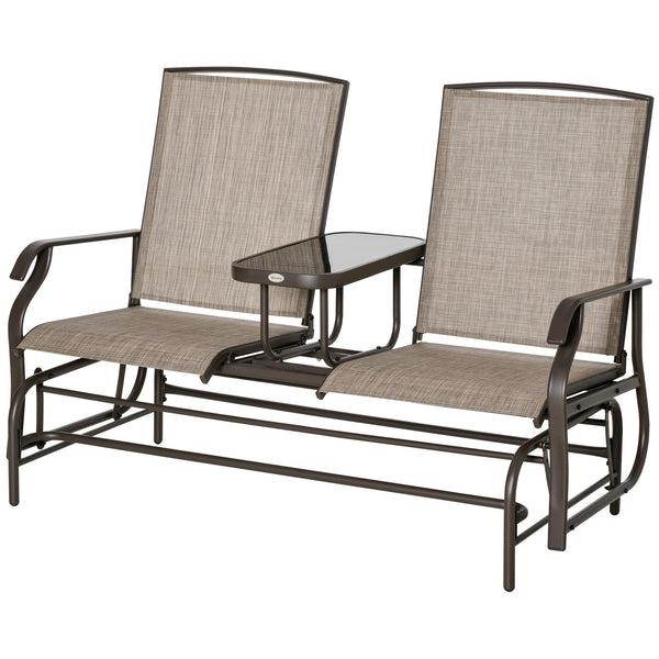 Outsunny Outdoor Glider Bench with Center Table, Metal Frame Patio Loveseat with Breathable Mesh Fabric and Armrests for Backyard Garden Porch, Brown