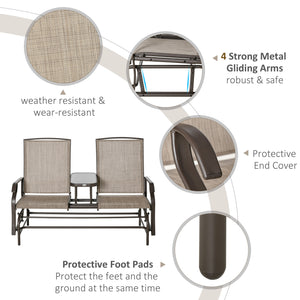 Outsunny Outdoor Glider Bench with Center Table, Metal Frame Patio Loveseat with Breathable Mesh Fabric and Armrests for Backyard Garden Porch, Brown