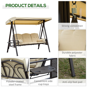 3 Seater Canopy Swing Chair, Outdoor Garden Swing Seat with Adjustable Canopy, Cushions and Cup Trays, Steel Frame, Beige
