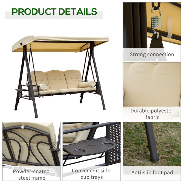 3 Seater Canopy Swing Chair, Outdoor Garden Swing Seat with Adjustable Canopy, Cushions and Cup Trays, Steel Frame, Beige