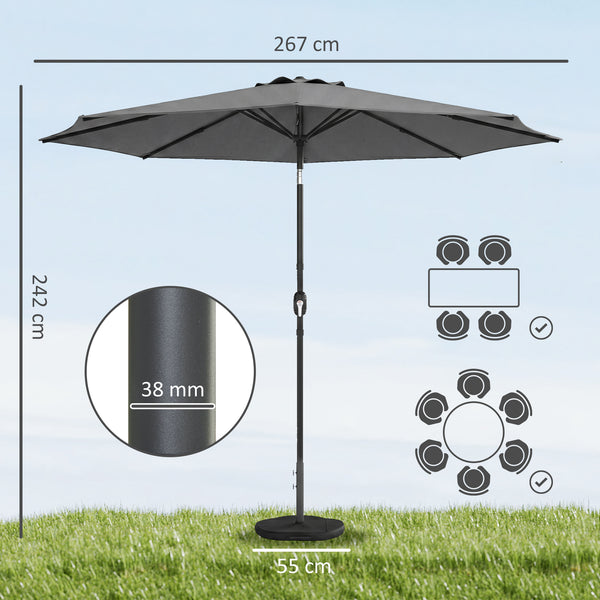 2.7 m Garden Parasol Umbrella with Cross Base and Sandbag, Retractable Ribs, Outdoor Table Market Patio Umbrella Sun Shade with 30 Degree Tilt and Crank, Vent, Light Grey