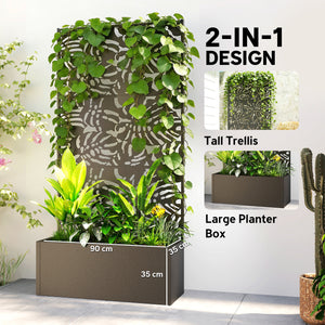 Metal Planter Box with Trellis, 71" Tall Raised Garden Bed with Trellis Privacy Screen and Drainage Holes, Banana-Leaf Cut-Out Outdoor Privacy Planter for Climbing Plants, Vegetables, Vines