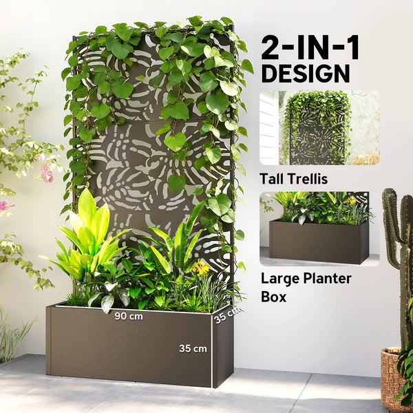 Metal Planter Box with Trellis, 71" Tall Raised Garden Bed with Trellis Privacy Screen and Drainage Holes, Banana-Leaf Cut-Out Outdoor Privacy Planter for Climbing Plants, Vegetables, Vines