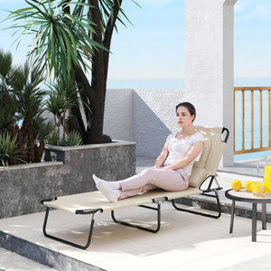 Adjustable Outdoor Lounge Chair, Garden Folding Chaise Lounge with Face Hole Reclining Tanning Chair Seat, Folding Camping Beach Lounging Bed w/ Support Pillow, Beige