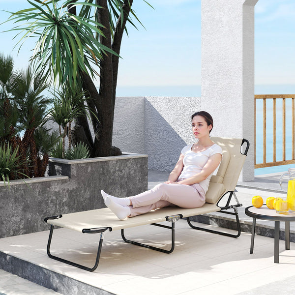 Adjustable Outdoor Lounge Chair, Garden Folding Chaise Lounge with Face Hole Reclining Tanning Chair Seat, Folding Camping Beach Lounging Bed w/ Support Pillow, Beige