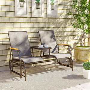 2 Person Outdoor Glider Bench, Patio Swing Glider Chair Loveseat with Breathable Mesh, Table, Steel Frame for Garden, Backyard, Porch, Light Mixed Brown