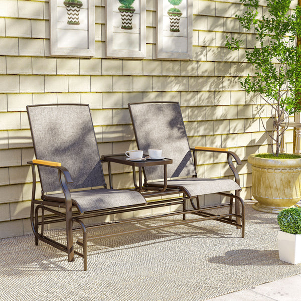 2 Person Outdoor Glider Bench, Patio Swing Glider Chair Loveseat with Breathable Mesh, Table, Steel Frame for Garden, Backyard, Porch, Light Mixed Brown