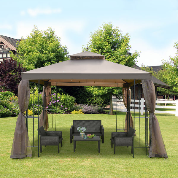 Outsunny 10' x 10' Patio Gazebo with Corner Frame Shelves, Double Roof Outdoor Gazebo Canopy Shelter with Netting for Patio, Wedding, Catering & Events, Brown