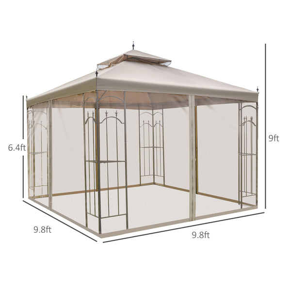 Outsunny 10' x 10' Patio Gazebo with Corner Frame Shelves, Double Roof Outdoor Gazebo Canopy Shelter with Netting for Patio, Wedding, Catering & Events, Brown