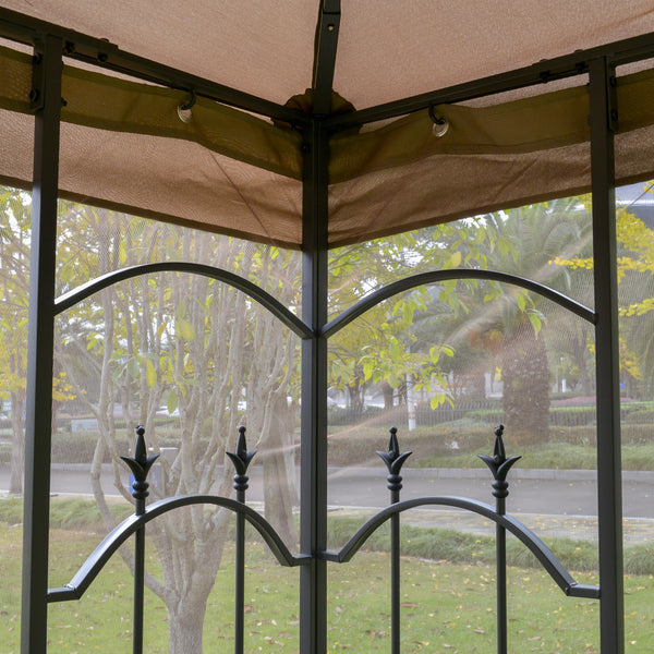 Outsunny 10' x 10' Patio Gazebo with Corner Frame Shelves, Double Roof Outdoor Gazebo Canopy Shelter with Netting for Patio, Wedding, Catering & Events, Brown