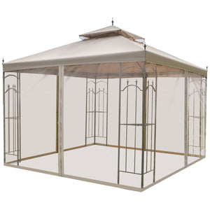 Outsunny 10' x 10' Patio Gazebo with Corner Frame Shelves, Double Roof Outdoor Gazebo Canopy Shelter with Netting for Patio, Wedding, Catering & Events, Brown