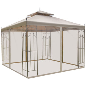 Outsunny 10' x 10' Patio Gazebo with Corner Frame Shelves, Double Roof Outdoor Gazebo Canopy Shelter with Netting for Patio, Wedding, Catering & Events, Brown