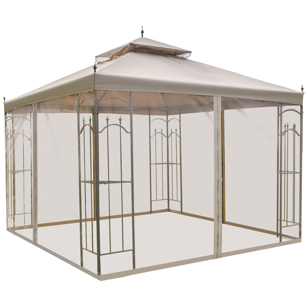 Outsunny 10' x 10' Patio Gazebo with Corner Frame Shelves, Double Roof Outdoor Gazebo Canopy Shelter with Netting for Patio, Wedding, Catering & Events, Brown