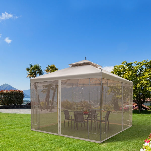 Outsunny 10' x 10' Patio Gazebo with Corner Frame Shelves, Double Roof Outdoor Gazebo Canopy Shelter with Netting for Patio, Wedding, Catering & Events, Brown