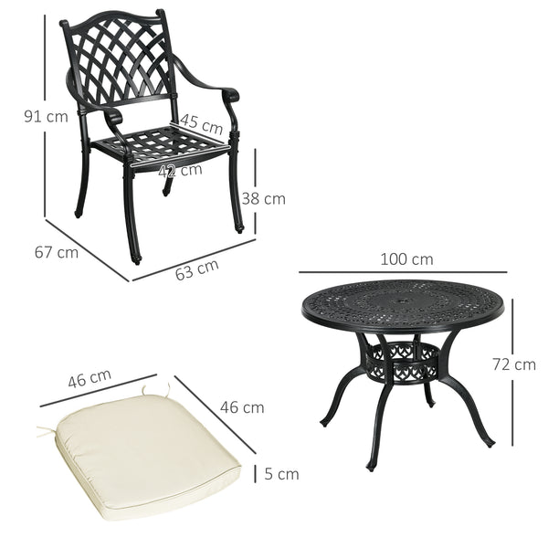 4 Seater Outdoor Dining Set Antique Cast Aluminium Garden Furniture Set with Cushions Round Dining Table with Parasol Hole, Black