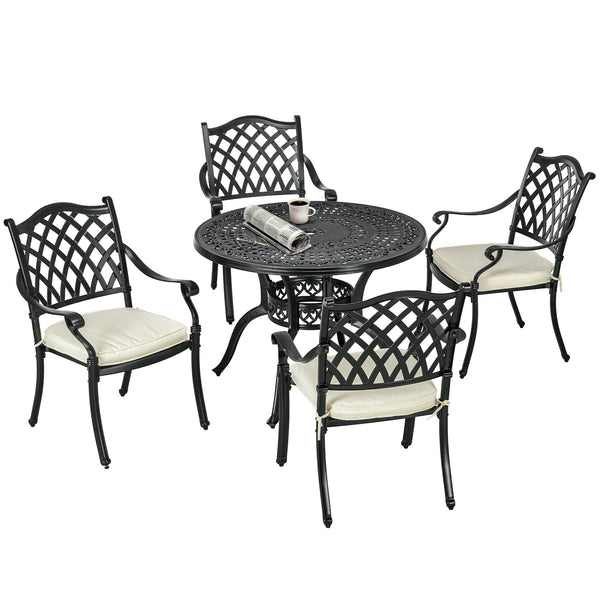 4 Seater Outdoor Dining Set Antique Cast Aluminium Garden Furniture Set with Cushions Round Dining Table with Parasol Hole, Black