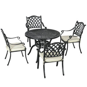 4 Seater Outdoor Dining Set Antique Cast Aluminium Garden Furniture Set with Cushions Round Dining Table with Parasol Hole, Black