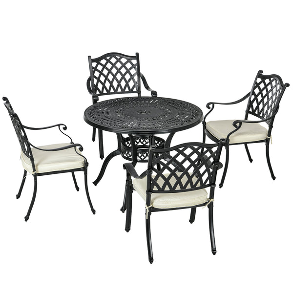 4 Seater Outdoor Dining Set Antique Cast Aluminium Garden Furniture Set with Cushions Round Dining Table with Parasol Hole, Black