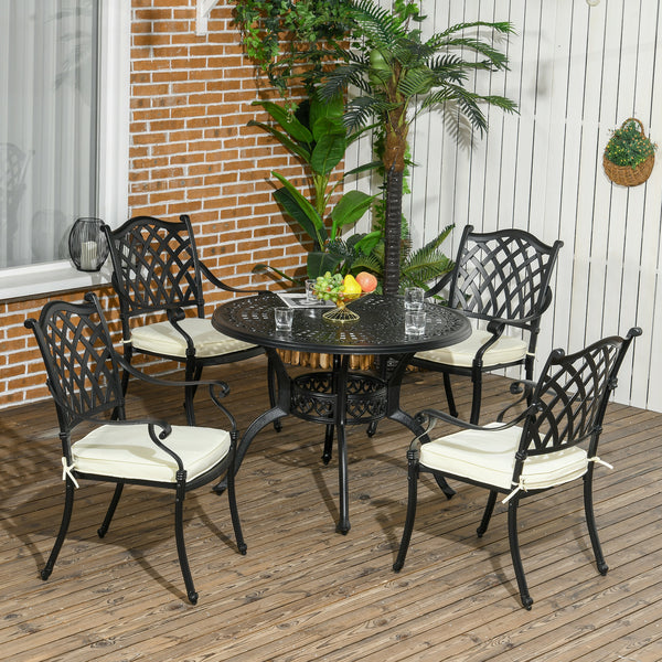 4 Seater Outdoor Dining Set Antique Cast Aluminium Garden Furniture Set with Cushions Round Dining Table with Parasol Hole, Black