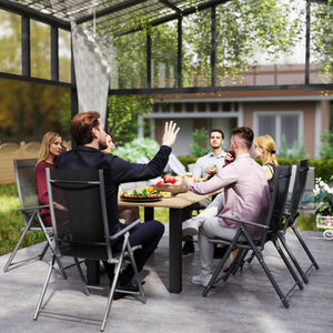 Garden Dining Table for 6 Person with Parasol Hole, Rectangle Outdoor Garden Table with Slatted Metal Tabletop, Steel Frame for Patio, Balcony, 150 x 90 x 73 cm, Brown