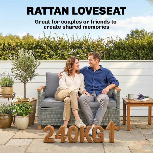 2 Seater Rattan Garden Sofa, Outdoor Sofa with Thickened Cushions and Acacia Wood Armrests, All Weather Small Rattan Garden Furniture Loveseat for Patio, Balcony, Porch, Dark Grey