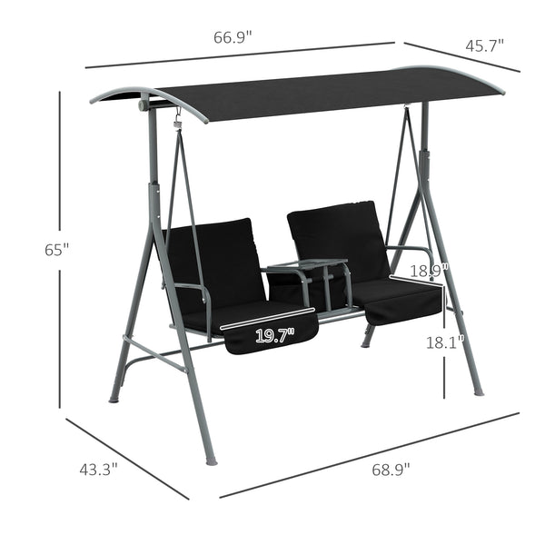 2 Person Porch Swing with Stand, Outdoor Swing with Canopy, Pivot Storage Table, 2 Cup Holders, Cushions for Patio, Backyard, Black