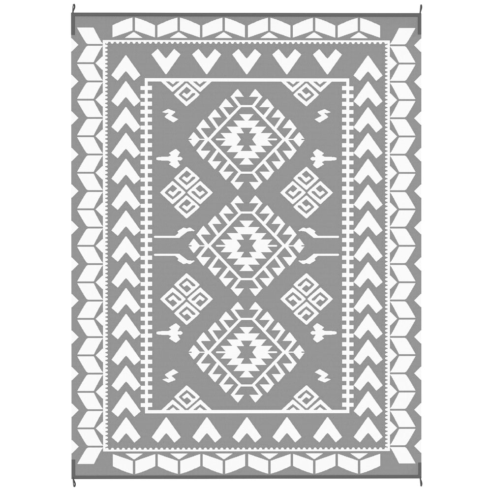 Reversible Outdoor RV Rug with Carry Bag, 9' x 12' Patio Floor Mat, Plastic Straw Rug for Backyard, Deck, Picnic, Beach, Camping, Rhombus Patchwork, Grey and White