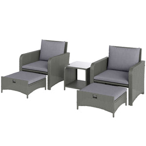 5 Piece Rattan Garden Furniture Set, Wicker Patio Conversation Set with 2 Chairs, 2-Tier Coffee Table, 2 Ottomans and Thick Cushions for Outdoor, Balcony, Bistro, Porch, Grey