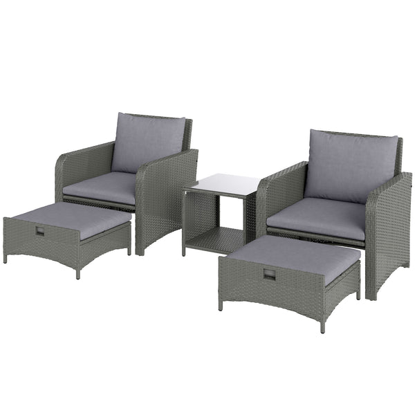 5 Piece Rattan Garden Furniture Set, Wicker Patio Conversation Set with 2 Chairs, 2-Tier Coffee Table, 2 Ottomans and Thick Cushions for Outdoor, Balcony, Bistro, Porch, Grey