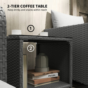 5 Piece Rattan Garden Furniture Set, Wicker Patio Conversation Set with 2 Chairs, 2-Tier Coffee Table, 2 Ottomans and Thick Cushions for Outdoor, Balcony, Bistro, Porch, Grey