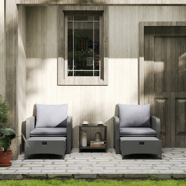 5 Piece Rattan Garden Furniture Set, Wicker Patio Conversation Set with 2 Chairs, 2-Tier Coffee Table, 2 Ottomans and Thick Cushions for Outdoor, Balcony, Bistro, Porch, Grey