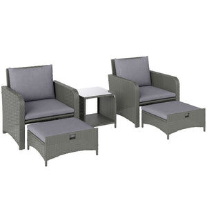 5 Piece Rattan Garden Furniture Set, Wicker Patio Conversation Set with 2 Chairs, 2-Tier Coffee Table, 2 Ottomans and Thick Cushions for Outdoor, Balcony, Bistro, Porch, Grey