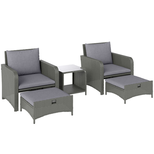 5 Piece Rattan Garden Furniture Set, Wicker Patio Conversation Set with 2 Chairs, 2-Tier Coffee Table, 2 Ottomans and Thick Cushions for Outdoor, Balcony, Bistro, Porch, Grey