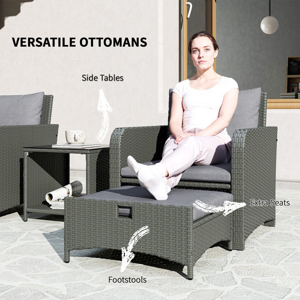 5 Piece Rattan Garden Furniture Set, Wicker Patio Conversation Set with 2 Chairs, 2-Tier Coffee Table, 2 Ottomans and Thick Cushions for Outdoor, Balcony, Bistro, Porch, Grey