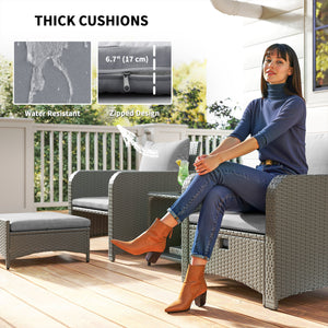 5 Piece Rattan Garden Furniture Set, Wicker Patio Conversation Set with 2 Chairs, 2-Tier Coffee Table, 2 Ottomans and Thick Cushions for Outdoor, Balcony, Bistro, Porch, Grey