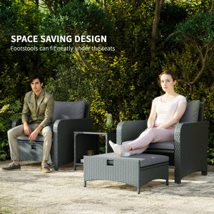 5 Piece Rattan Garden Furniture Set, Wicker Patio Conversation Set with 2 Chairs, 2-Tier Coffee Table, 2 Ottomans and Thick Cushions for Outdoor, Balcony, Bistro, Porch, Grey