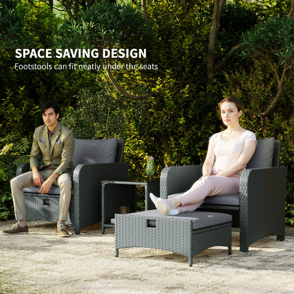 5 Piece Rattan Garden Furniture Set, Wicker Patio Conversation Set with 2 Chairs, 2-Tier Coffee Table, 2 Ottomans and Thick Cushions for Outdoor, Balcony, Bistro, Porch, Grey