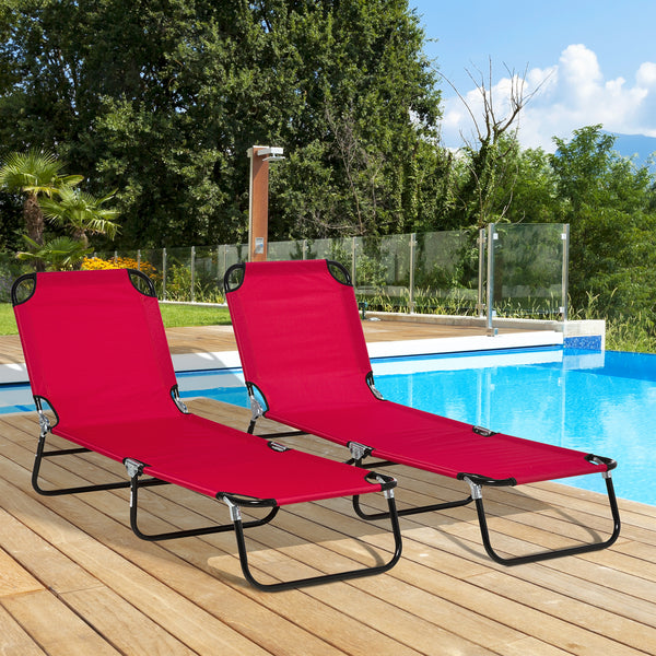 Outsunny 2 Piece Folding Chaise Lounge Pool Chairs, Outdoor Sun Tanning Chairs with 5-Level Reclining Back, Steel Frame for Beach, Yard, Patio, Red