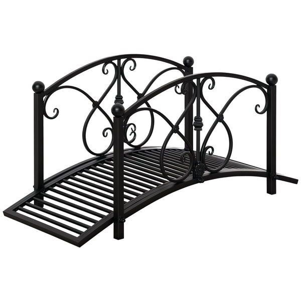 3.3FT Metal Arch Zen Garden Bridge with Safety Siderails, Decorative Footbridge, Delicate Floral Scrollwork for Stream, Fish Pond, Black