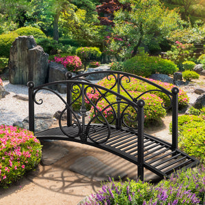 3.3FT Metal Arch Zen Garden Bridge with Safety Siderails, Decorative Footbridge, Delicate Floral Scrollwork for Stream, Fish Pond, Black